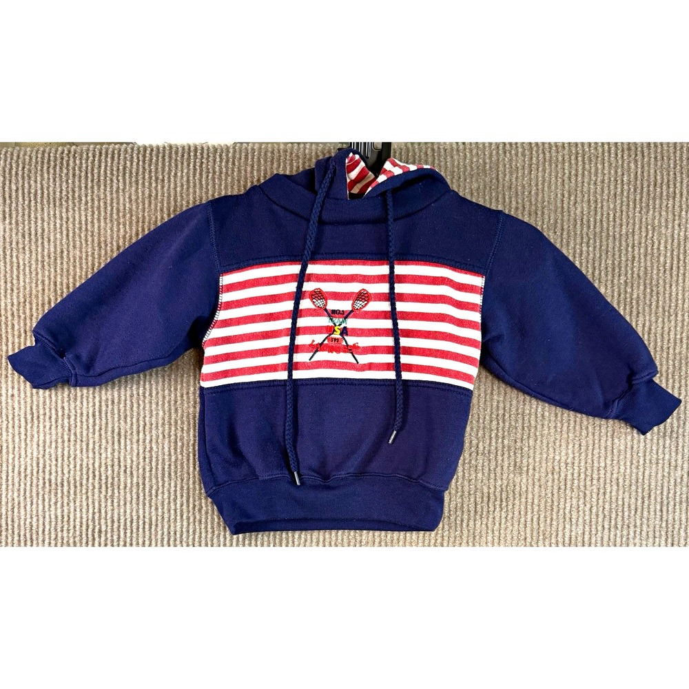 Vtg 80s 90s Neighborhood Kids Club 3T Lacrosse Hoodie Sweatshirt Stripe Red Navy
